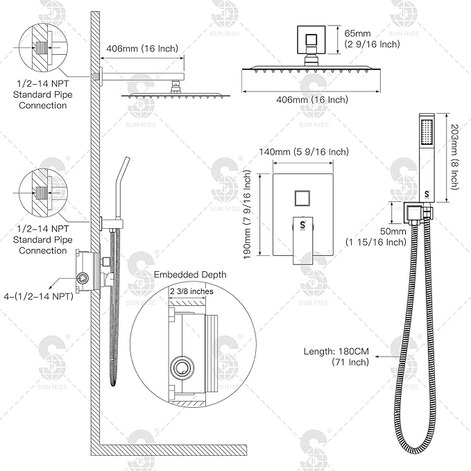 SR SUN RISE Polished Chrome Square Rainfall Shower Head and Handle Set, Wall Mounted Shower Fixtures, Metal Shower Faucet Trim Repair Kits (With Shower Valve) 16 Inches
