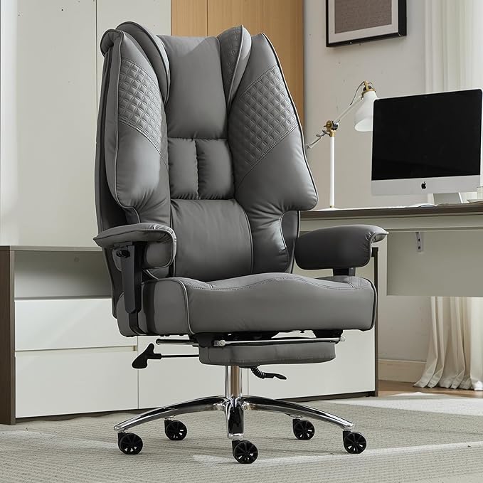Big and Tall Office Chair 400lbs Wide Seat, Leather High Back Executive Office Chair with Foot Rest, Ergonomic Chairs Lumbar Support for Lower Back Pain Relief (Grey)