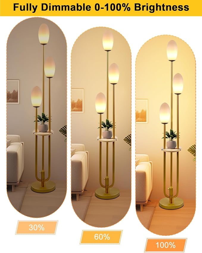 Gold Dimmable Floor Lamp with Table, UniqueTall Standing Lamps with 3000K G9 Bulbs for Reading, Mid Century Modern Floor Lamp with 5Lbs Heavy Base for Living Room Bedroom Office