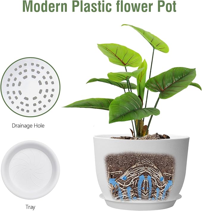 12 inch Large Plant Pots, Plastic Planters with Drainage Holes and Saucers, Flower Pots for Indoor Outdoor Plants, Modern Decorative Pots for Garden House Plants, White