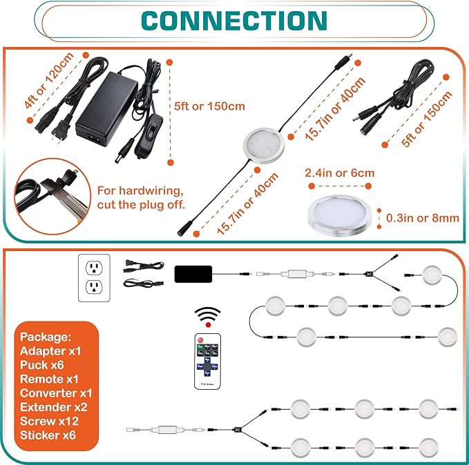 Under Cabinet LED Puck Lights, Display Cases Lighting, Daisy Chained Linkable, 120V Direct Hard Wired & Plug-in Adapter, Dual Split, RF Remote Dimmable, Black Cord, Daylight, 6 Lights
