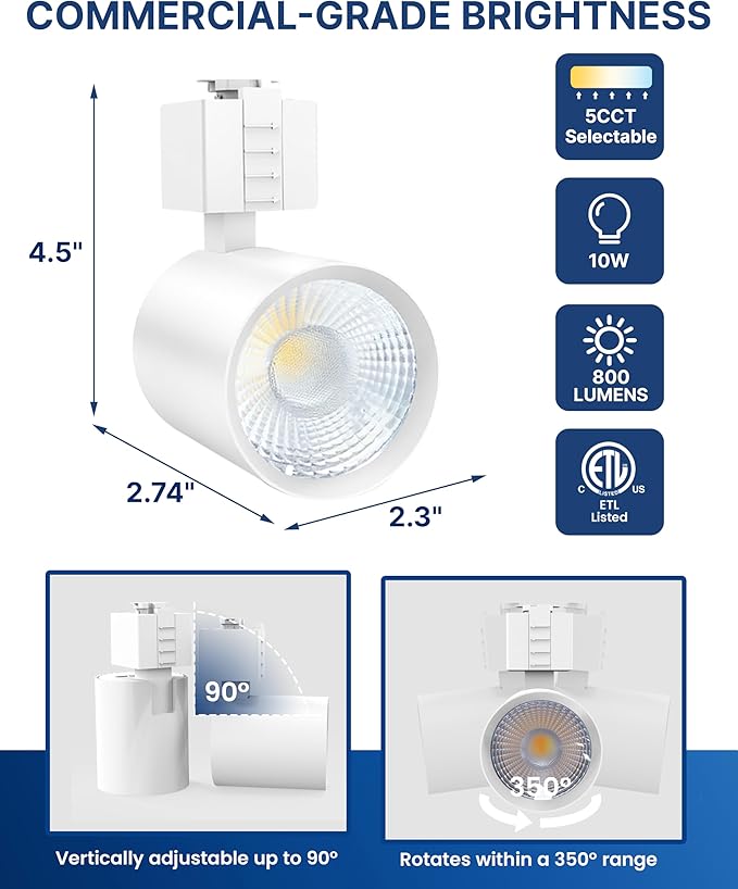 FLSNT LED J Track Lighting Heads, 10W (60W Eq.), 5CCT (2700K-5000K), 800LM CRI90 Dimmable Track Light Head, 36°COB Spotlight, J Type Compatible Track Light for Accent Lighting, White, 12 Pack