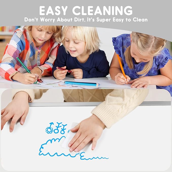 Kids Table and Chair Set, Snow Grey, Upgraded Plastic, 47.2x28.0 inches, Adjustable Height, Whiteboard Style, Includes 12 Color Pens