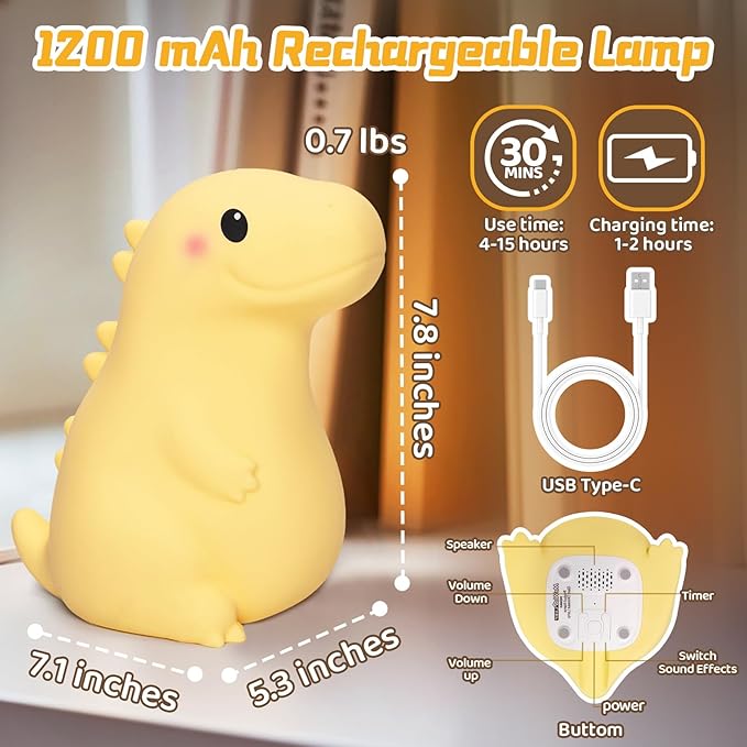 Mewaii Big Dinosaur Night Light for Kids, 7.8 in & 18 Funny Sounds Squishy Silicone Dinosaur Lamp with 3-Level Brightness, Rechargeable LED Cute Dino Nightlight for Boys Baby Nursery Gift&Room Decor