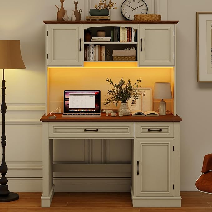 Farmhouse 47" Executive Desk with Hutch, 2 Drawers and LED Light, Computer Desk with Storage Cabinet and Charging Station,Workstation for Home Office and Study.Unique White