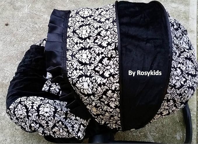 Rosy Kids Infant Carseat Canopy Cover 4pc Whole Caboodle, Baby Car Seat Cover Baby Blanket Outdoor Travelling Kit, Polka Dot Damask Black