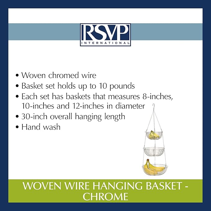 RSVP International Hanging Storage Collection 3-Tier Baskets, Chrome Woven Wire
