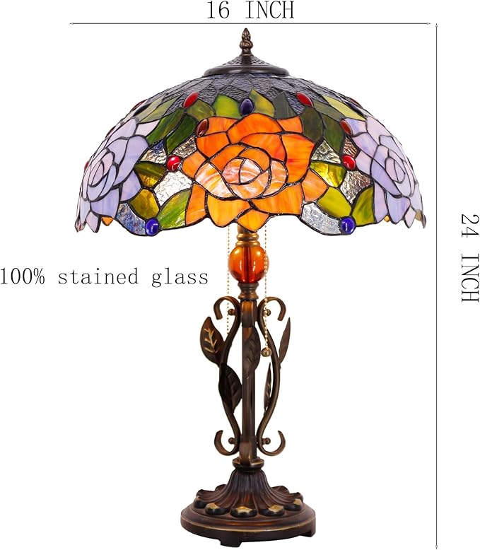 Tiffany Table Lamp Yellow Red Rose Flower Stained Glass Desk Reading Light 16X16X24 Inch Metal Leaf Base for Bedroom Living Room Home Office