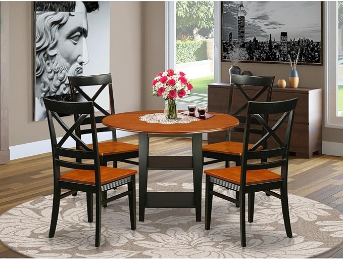 East West Furniture SUQU5-BCH-W 5 Piece Modern Dining Table Set Includes a Round Wooden Table with Dropleaf & Shelves and 4 Kitchen Dining Chairs, 42x42 Inch, Black & Cherry