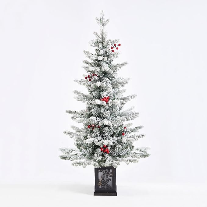 Small Pre-Lit Christmas Tree with LED Lights - 3.5FT Snow Flocked Ariticifial Tree with Vintage Snowflake Base, Battery Operated & Auto Timer for Home Office Xmas Decor