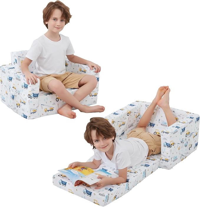 Viviland Kids Chairs for Toddler,2-in-1 Soft Toddler Couch Fold Out,Convertible Soft to Lounger Toddke Chair Comfy for Girls and Boys,White Bottom Excavator