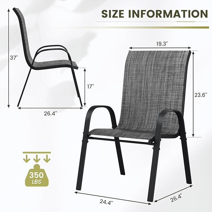 UDPATIO Patio Chairs Set of 4, Stackable Outdoor Dining Chairs with High Back, Textilene Fabric Breathable Outdoor Chair All Weather, 350LBS Capacity for Garden, Backyard (Dark Grey)