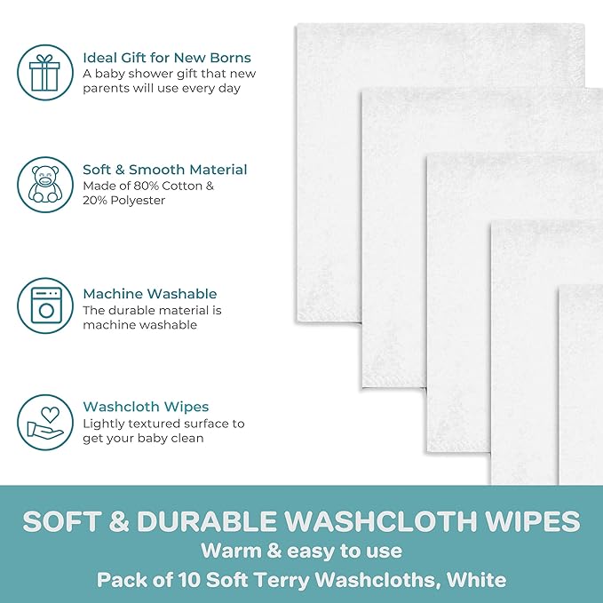 Spasilk Washcloth Wipes Set for Newborn Boys and Girls, Soft Terry Washcloth Set, Pack of 10, White, (010-WTE)