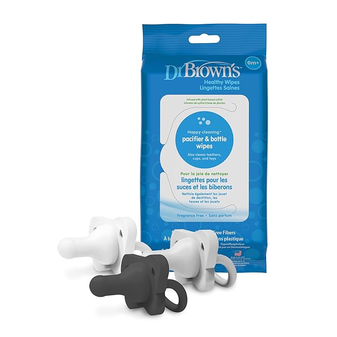 Dr. Brown's HappyPaci 100% Silicone Pacifier 0-6m, BPA Free, Black, Cool Gray, White, 3 Pack and Pacifier and Bottle Wipes, 40 Count