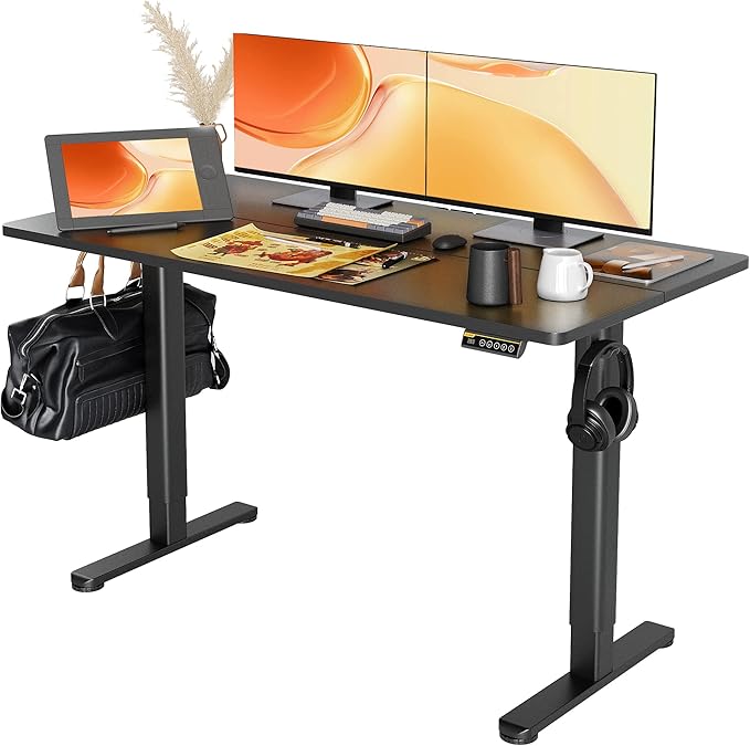Claiks Electric Standing Desk, Adjustable Height Stand up Desk, 55x24 Inches Sit Stand Home Office Desk with Splice Board, Black Frame/Black Top