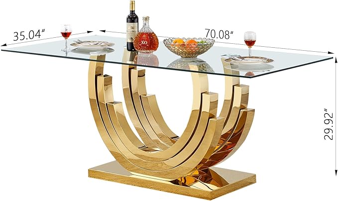 70 ''Glass Dining Table,Rectangle Glass Kitchen Table w/Tempered Glass Tabletop and Stainless Steel Base, Modern Glass Dining Room Table for Home, Kitchen, Dining Room