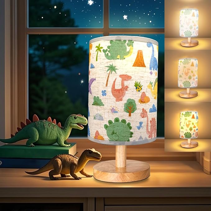 Dinosaur Lamp, Dinosaur Room Decor for Boys, 3 Level Dimmable Wood Nightstand Desk Base Flaxen Fabric Shade for Bedroom Living Room, Dino Gifts for Boys