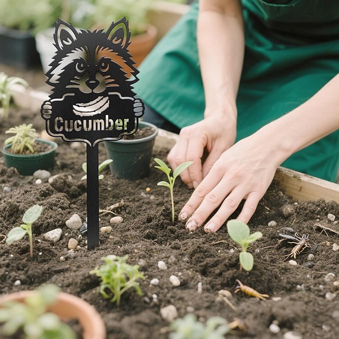 CUTHOLLOW Metal Plant Marker Stake Cucumber and Raccoon for Outdoor Indoor, Waterproof 11.8 inch Cute Garden Plant Labels Sign Tag for Vegetables, Farmhouse Greenhouse Decor - Funny Gardening Gifts