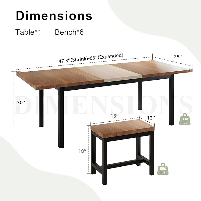 Feonase 7-Piece Dining Table Set with 6 Stools, 63" Large Extendable Kitchen Table Set for 4-8, Mid-Century Dining Room Table with Heavy-Duty Frame & MDF Board, Easy Assembly, Walnut