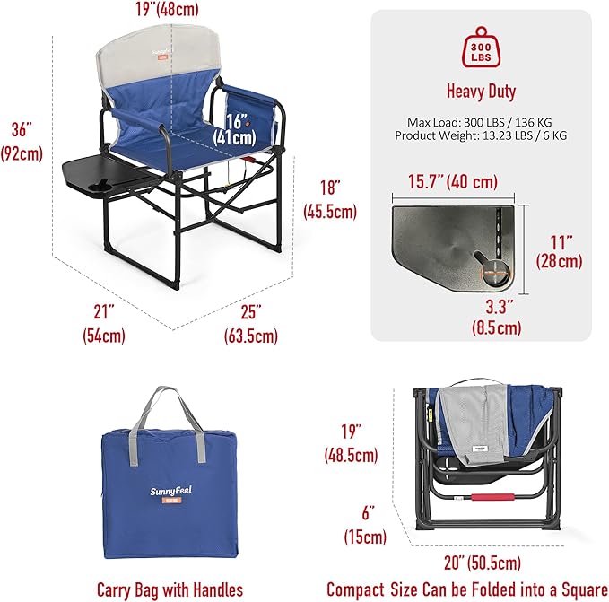 SUNNYFEEL Heated Camping Directors Chair, Heavy Duty,Oversized Portable Folding Chair with Side Table, Pocket for Beach, Fishing,Trip,Picnic,Lawn,Concert Outdoor Foldable Camp Chairs