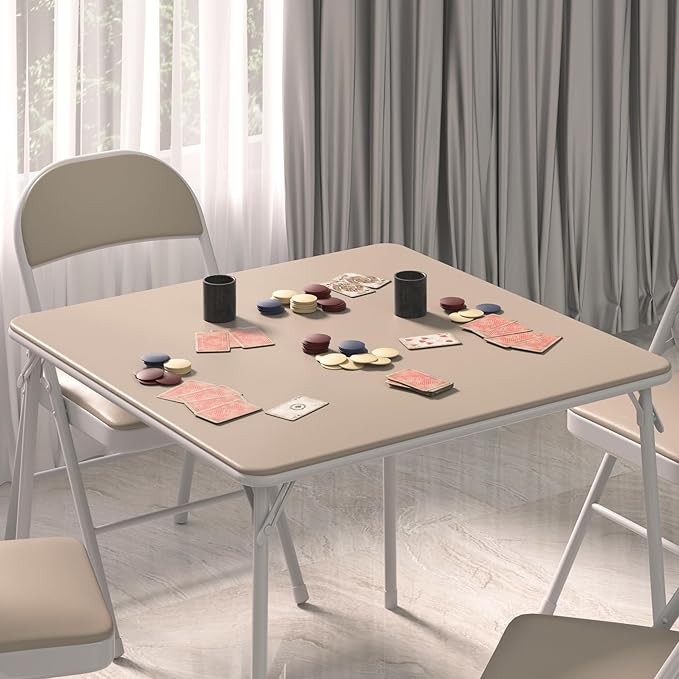 VECELO Portable Folding Card Table Square and Chair Set (5pc) with Collapsible Legs & Vinyl Upholstery, Metal, Beige