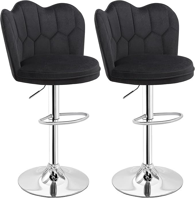VECELO Bar Stools Set of 2, Adjustable Barstools with Back, Velvet Armless Counter Height Stool Kitchen Island Stool Swivel Bar Chairs for Pub Dining Room Living Room, Black
