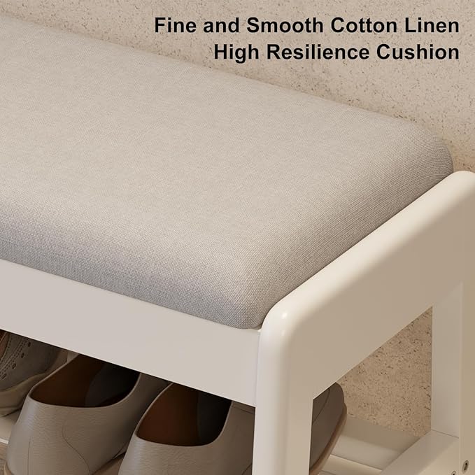 Small Shoe Bench with Cushion,2 Tiers Shoe Rack Bench with Flip-Top Storage,Wood Shoe Rack for Entryway（White,23.62"）
