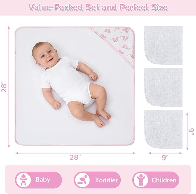 Viviland 6 Pcs Hooded Baby Towels and Washcloths Set, Super Gentle Bath Towels for Newborn Face & Body, Absorbent Wash Cloth for Infants Girls, Pink-Rainbow Pattern, 28 x 28 inch