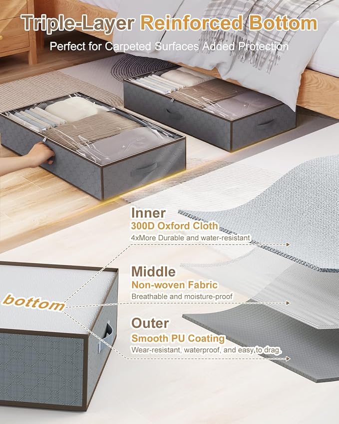 Large Under Bed Storage Containers,[4 Pack/Upgraded Bottom fabric]Carpet-Friendly Design Underbed Clothes Storage with Sturdy Sidewalls,Foldable under bed organizer for Clothes,Blankets,Sweater