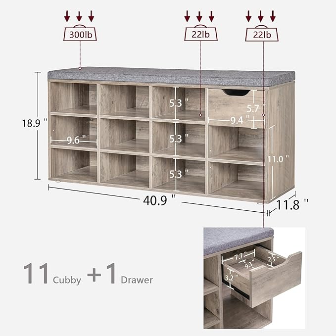 DINZI LVJ Shoe Bench, Entryway Storage Bench with Drawer and 11 Cubbies, Cubby Shoe Rack with Adjustable Shelves, Organizer Cabinet for Living Room, Bedroom, Mudroom, Closet and Garage, Greige