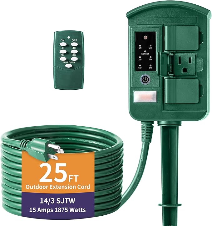 Outdoor Power Stake Timer for Christmas Light Decorations Waterproof, Dusk to Dawn, Outdoor Power Strip with 6 Outlets, 1875W/15A, 100FT Wireless Remote Control, 25FT Extension Cord, Heavy Duty