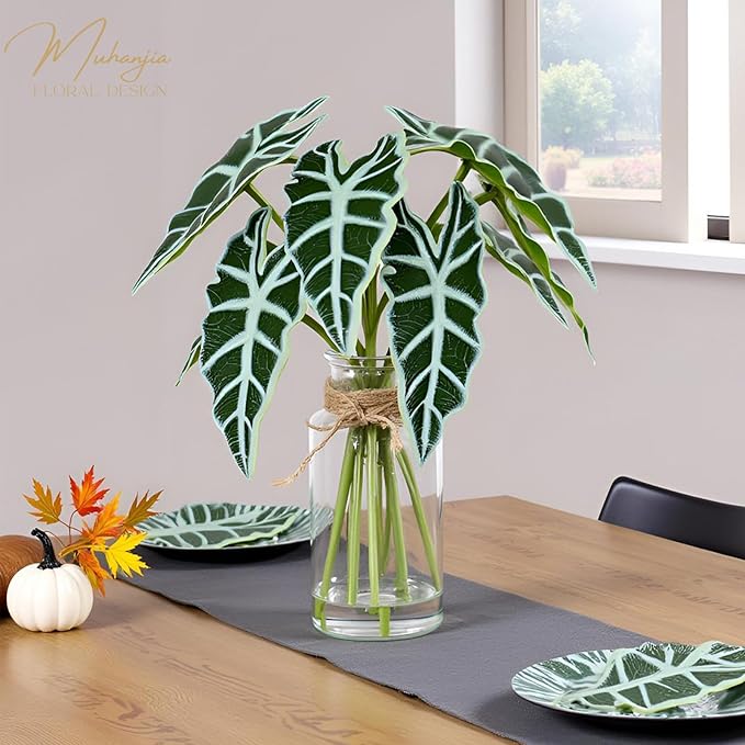 Artificial Flowers Turtle-Back, Alocasia Leaf, in Glass Vase with Faux Water,7Pcs Artificial Leaves Real Touch Latex Leaves for Centerpiece (2, Alocasia Leaf)