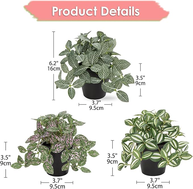 Hollyone Fake Plants 3 Packs Artificial Plants Indoor Faux Plants with Black Plastic Pot Small Fake Potted Plant for Home Aesthetic Living Room Bathroom Desk Shelf Office Decor