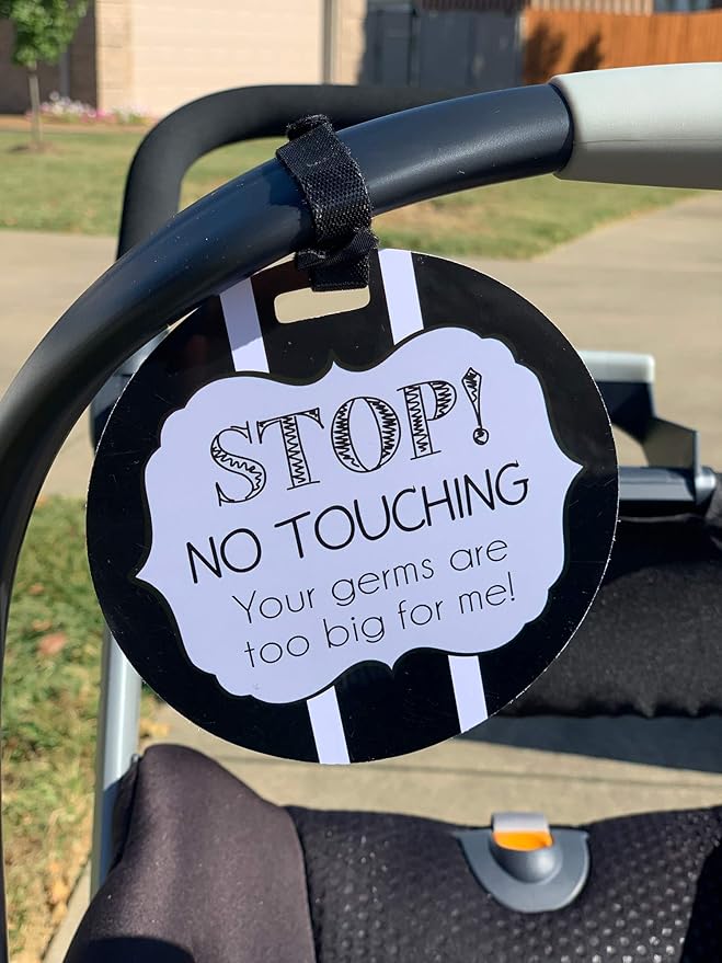 Three Little Tots Two Pack - Black and White No Touching Baby Car Seat and Stroller Signs - CPSIA Safety Tested