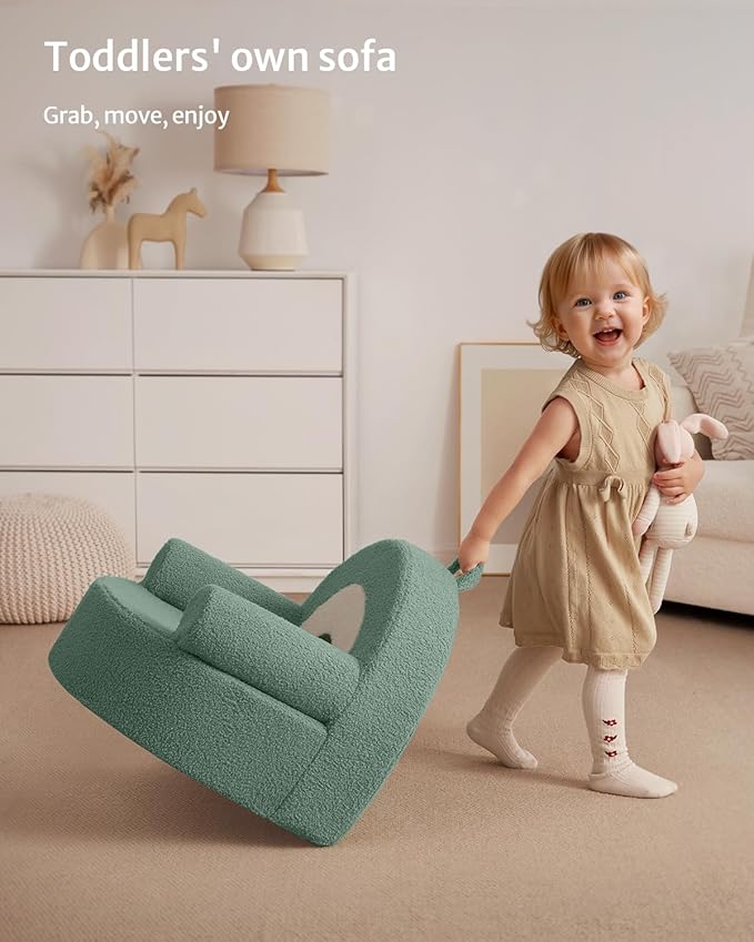 Blissful Diary Toddler Chair Comfy, Foam Kids Chair with Soft Teddy Plush, Toddler Reading Chair with Cute Arclet Designs- Sage Green
