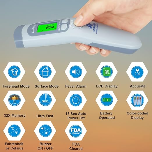 Amplim Bundle of Hospital Medical Grade No Touch Non Contact Digital Infrared Temporal Forehead Thermometer for Adult/Baby/Kid/Toddler/Infant/Nurse
