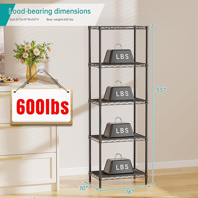 SINGAYE 5 Tier Shelf Wire Shelving Adjustable Storage Shelves Rack Standing Units for Kitchen Closet Laundry Bathroom Organizers Metal Pantry Narrow Mesh Gaps 10" D x 16" W x 55" H Black
