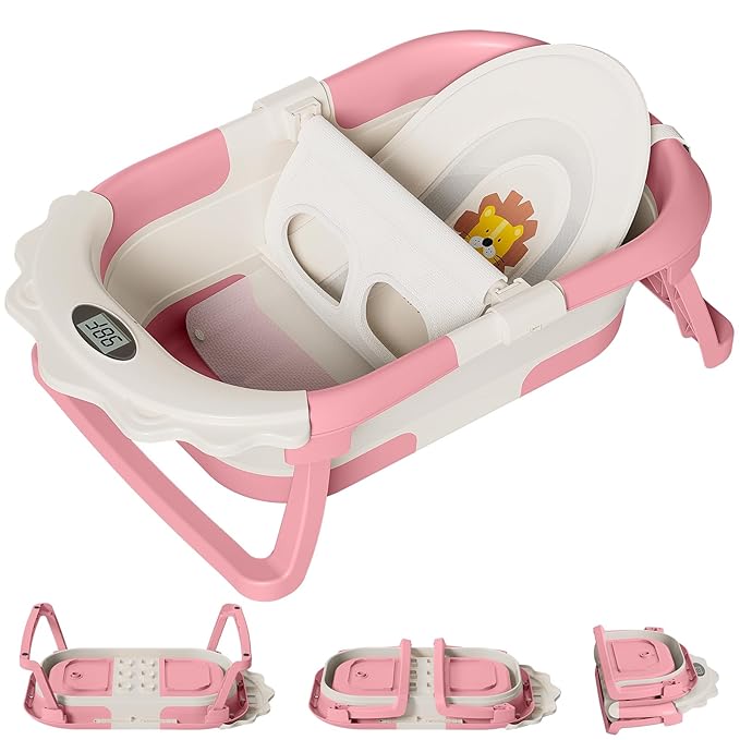 TPN 4-in-1 Grow-with-Me Collapsible Baby Bathtub, Baby Tub for Newborns to Toddler with Soft Floating Cushion & Thermometer, Portable Baby Bath Tub, Infant Bathtub for Bath Support in Tub,Pink