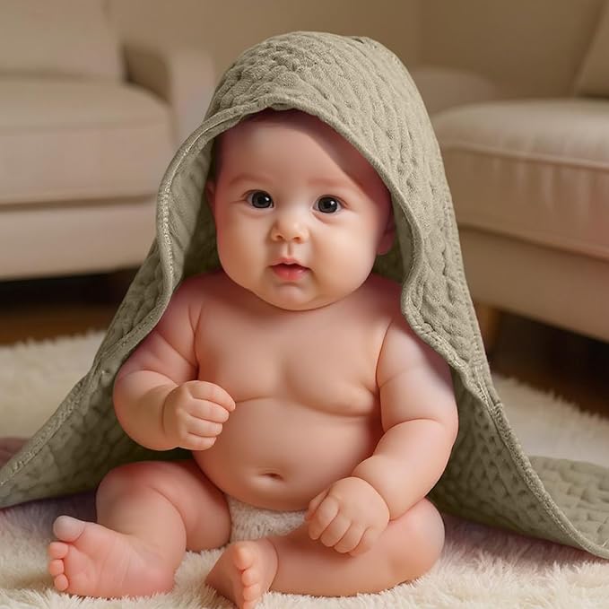 Peryiter 4 Pcs Muslin Hooded Baby Towels, 32"x 32" Cotton Newborn Bath Towel Muslin Infant Baby Blankets Absorbent Unisex Newborn Registry Gift Essentials for Girls Boys (Green,Gray,Brown,Blue)
