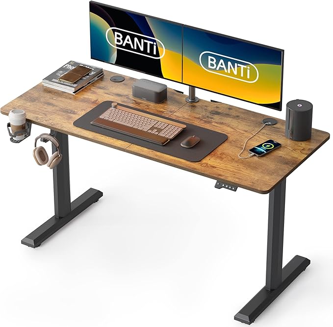 BANTI 55"x24" Standing Desk, Electric Stand up Height Adjustable Home Office Table, Sit Stand Desk with Splice Board, Black Frame & Rustic Brown Top