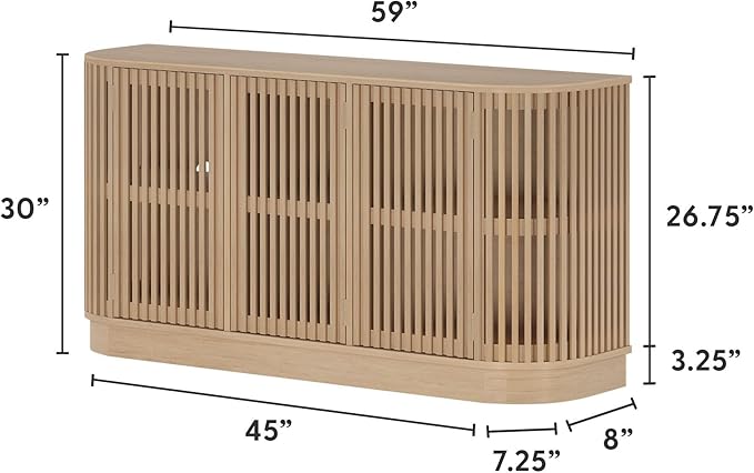 Plank+Beam Contour Wood TV Stand, Three Door Solid Wood Entertainment Console with Storage, 59" L x 16" W x 30" H, Blonde