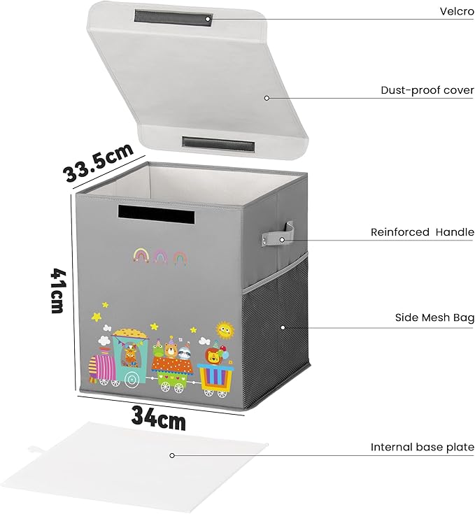 40L Large Toy Storage Box with Lid, Large Toy Box Chest for Kids, Girls and Boys, Nursery Room and Living Room, 13"x13" x16" (grey-train)