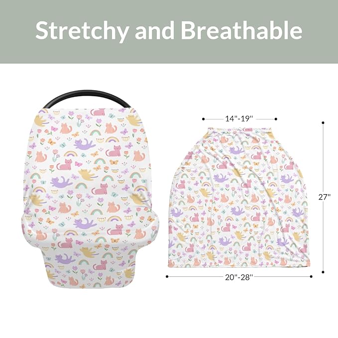 Colorful Cats Rainbow Flowers Baby Car Seat Covers Rainbow Cats Butterflies Stretchy 5-in-1 Cover Adjustable Infant Carseat Canopy Cover Cats Lover Gift Breathable Nursing Cover-Up