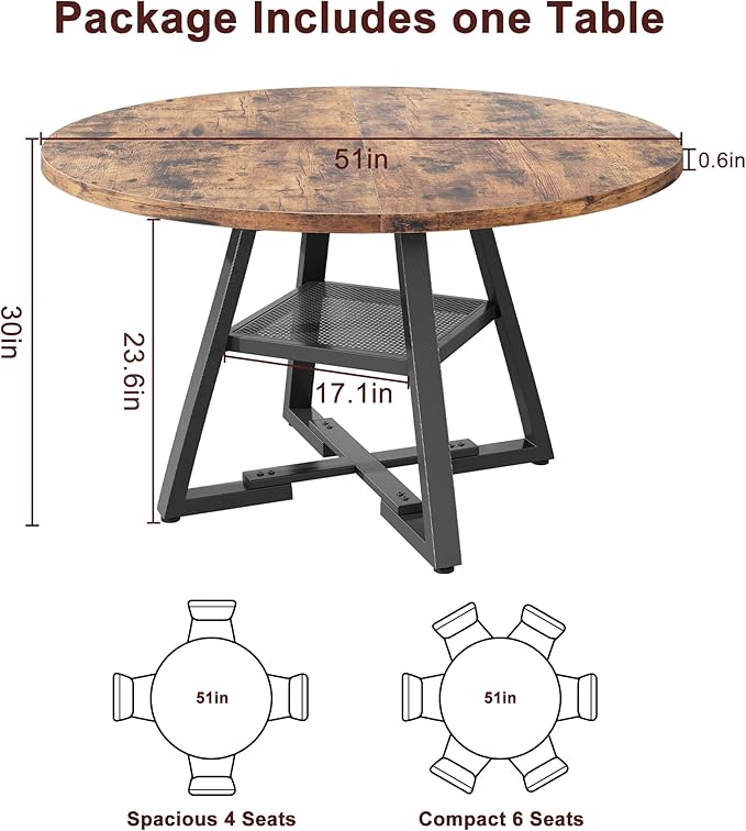 51'' Round Dining Table for 6,Kitchen Dining Room Circle Dinner Pedestal Table,Space Saving Wood Kitchen & Dining Room Furniture (Vintage, 51In)