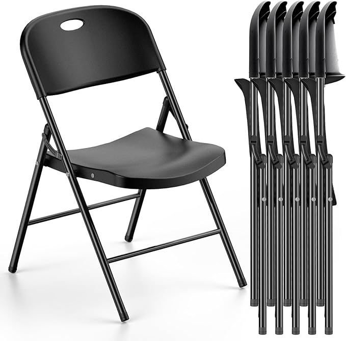 Nazhura 350 Weight Limit Heavy Duty Plastic Folding Chair with Reinfoced Steel Frame for Indoor and Outdoor, Wedding, Party, Restaurant, Meeting Room, Patio and Garden (Black, 6 Pack)