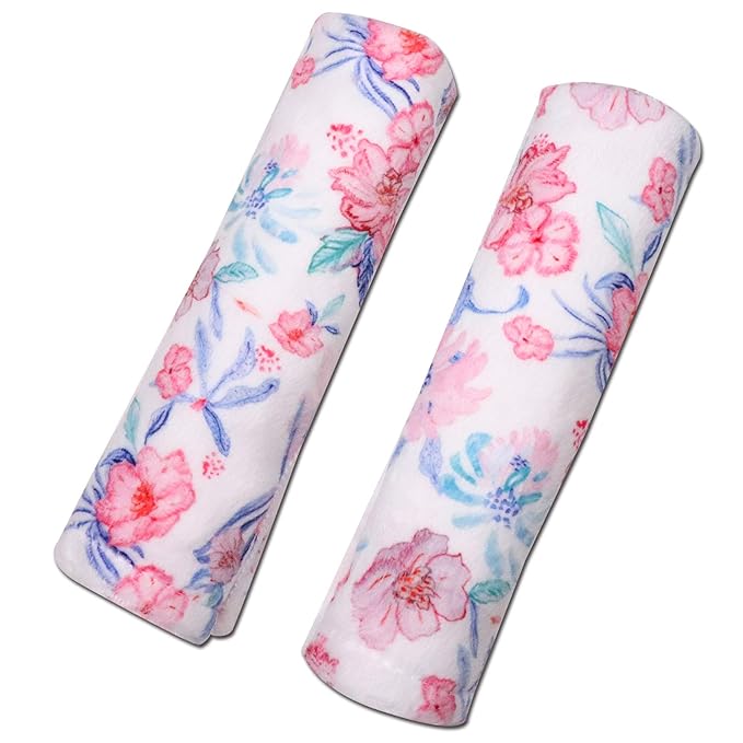 Baby Car Seat Belt Covers, Floral Stroller Seat Strap Covers, Car Seat Straps Shoulder Pads for Girls Boys, Mink Seat Belt Protectors for Car Seats/Pushchair, for Kids Newborn Infants Toddlers