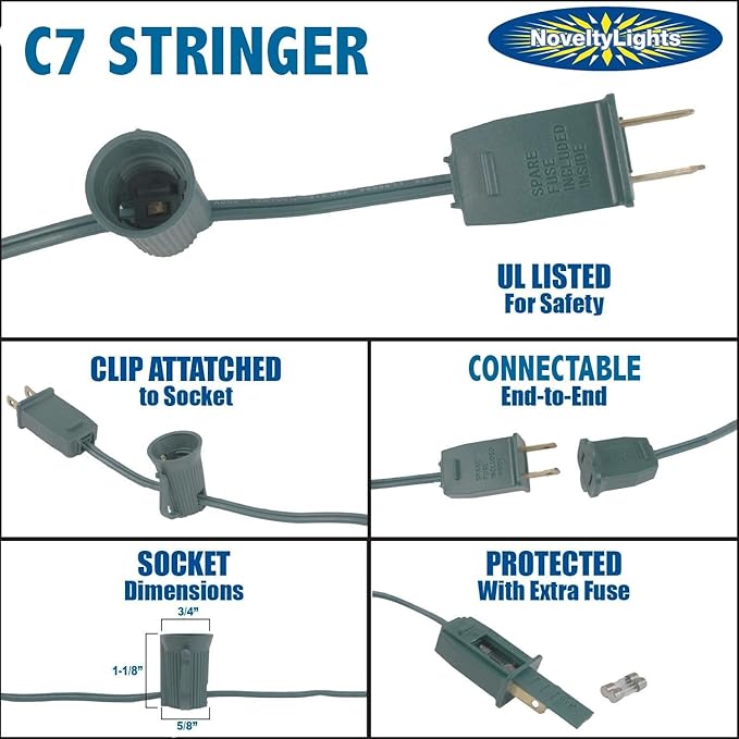 Novelty Lights 25 Foot C7 Outdoor String Light Christmas Stringer - Patio String Lights - Candelabra Base (C7/E12) - 12" Spacing - Brown Wire