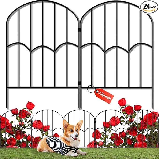 24 Panels Decorative Garden Fence Dog Fence Outdoor for Yard 26ft (L) X 2ft (H) Black Animal Barrier with No-Dig Stakes Arched Rustproof Metal Wire Decorative for Flower Landscaping and Garden Edging