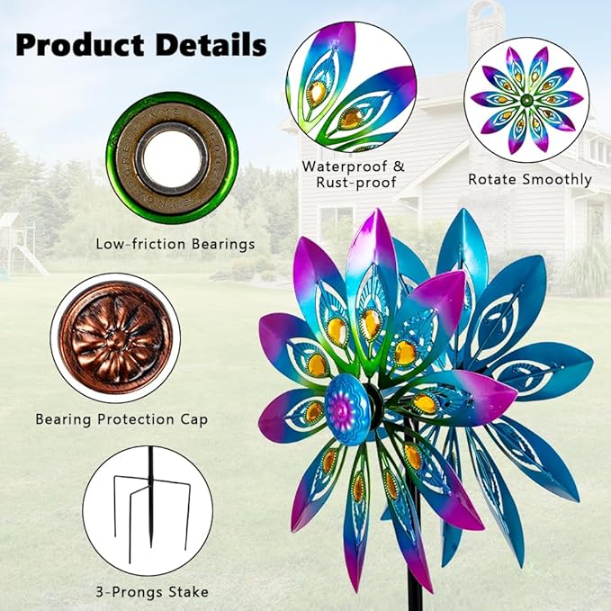 Metal Wind Spinner,13” Wind Spinners Outdoor,Peacock Windmill with Stake,Kinetic Wind Spinners for Yard and Garden,Multi-Color Pinwheels Yard Wind Sculptures,Waterproof Spinner for Patio Lawn