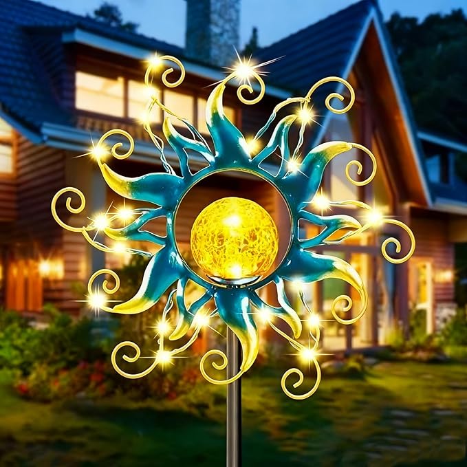 Solar Lights Outdoor Garden Decor, Blue Metal Sun Crackle Glass Globe Stake Waterproof 30LED Decorations Unique Gifts for Women,Mom,Outside, Patio,Lawn,Yard,Pathway